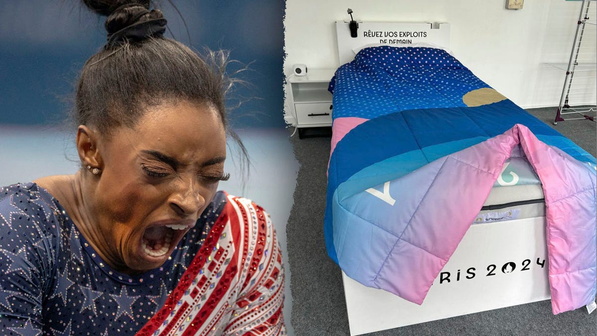 Simone Biles and cardboard bed