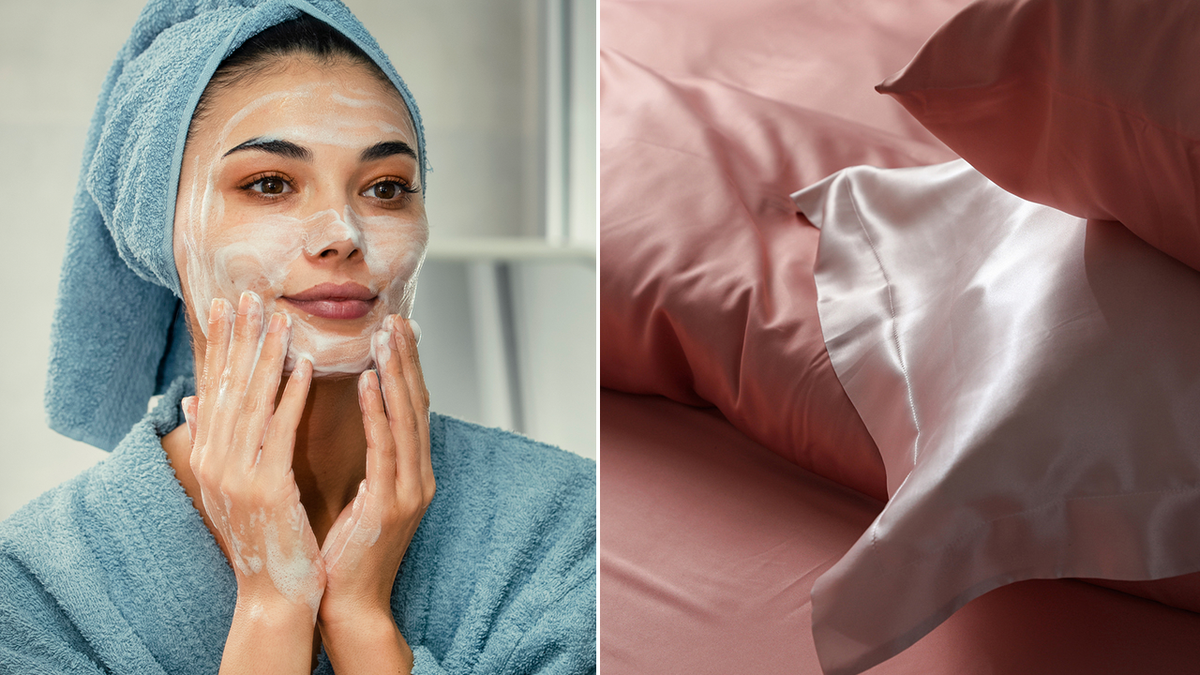 Woman washing her face and silk pillowcases.