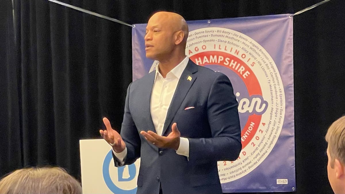 Gov. Wes Moore of Maryland speaks with the New Hampshire delegation at the Democratic National Convention in Chicago on Aug. 22, 2024.