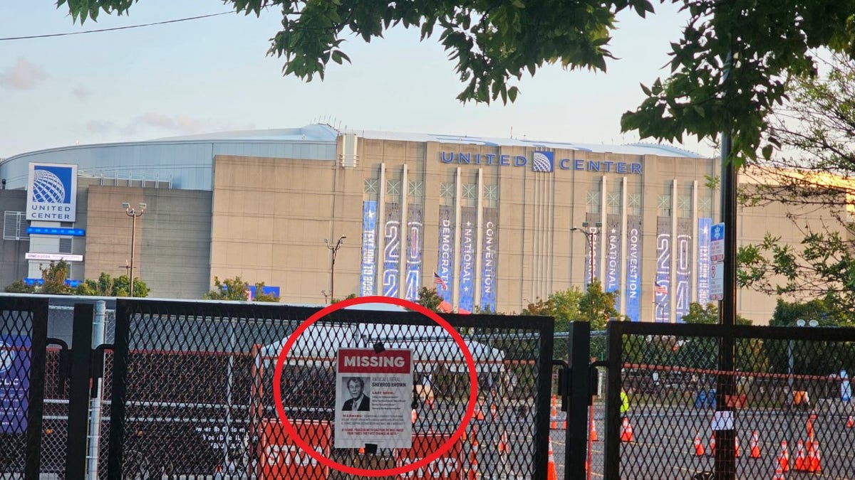 Sherrod Brown "missing" sign outside DNC