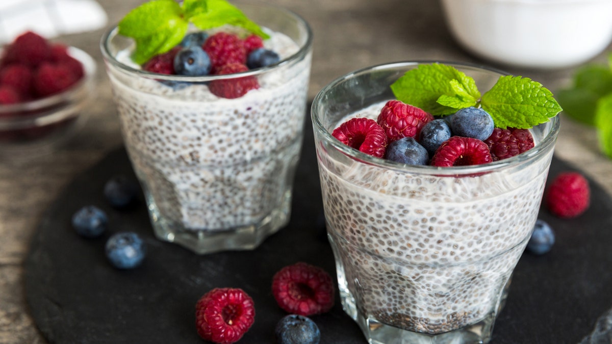 chia seeds vanilla pudding raspberry and blueberry